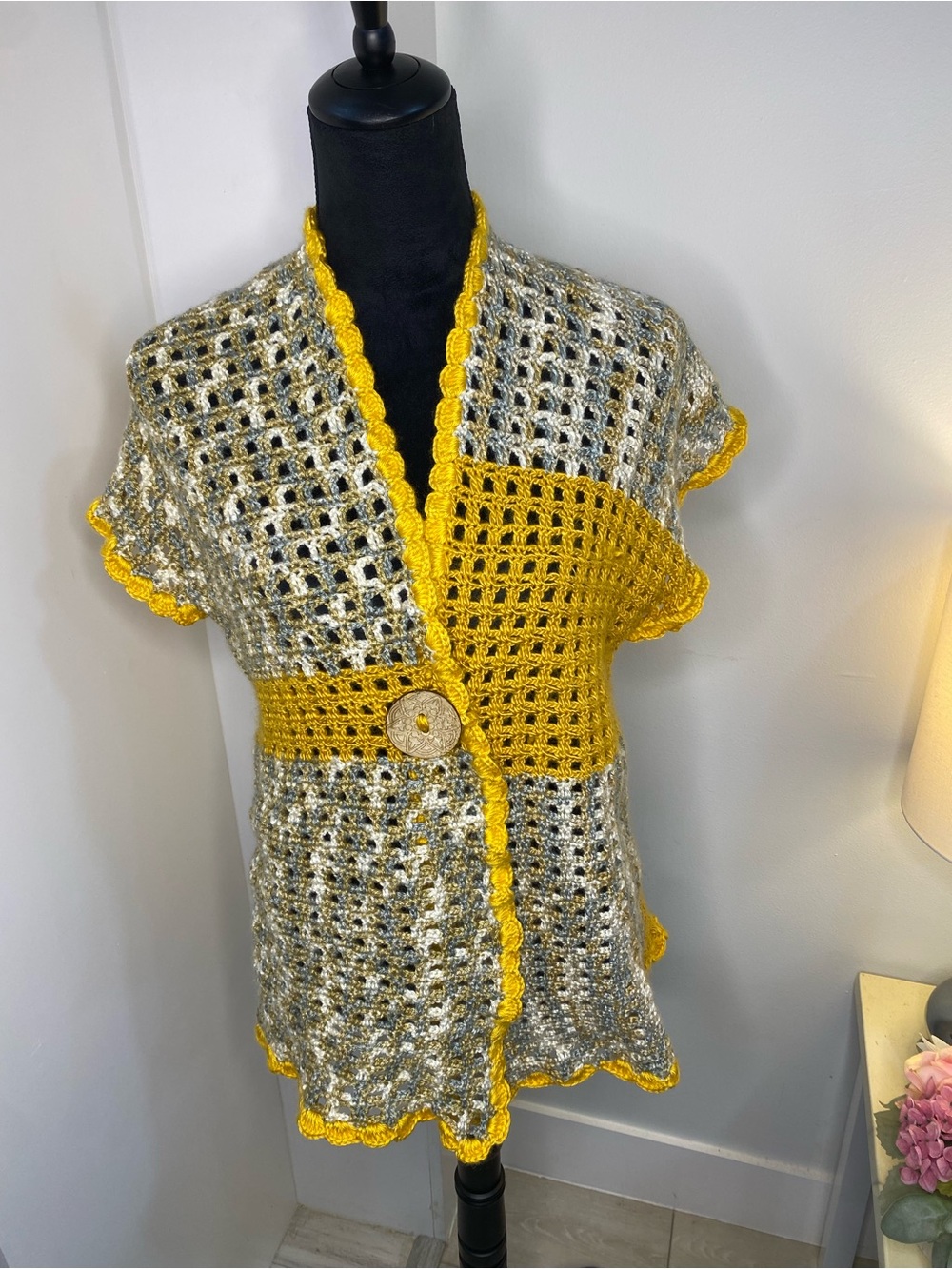 Yellow and Silver Crochet Short Sleeve Open Cardigan